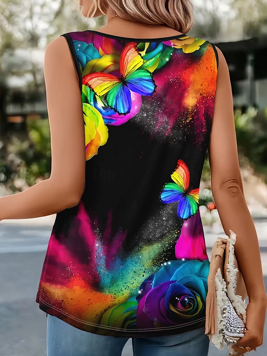 Női camisole top rózsa pillangó mindennapi ujjatlan kivágott nyakú normál top mindennapi gombos mintával fekete nyári 2025 - $17.99 –P3