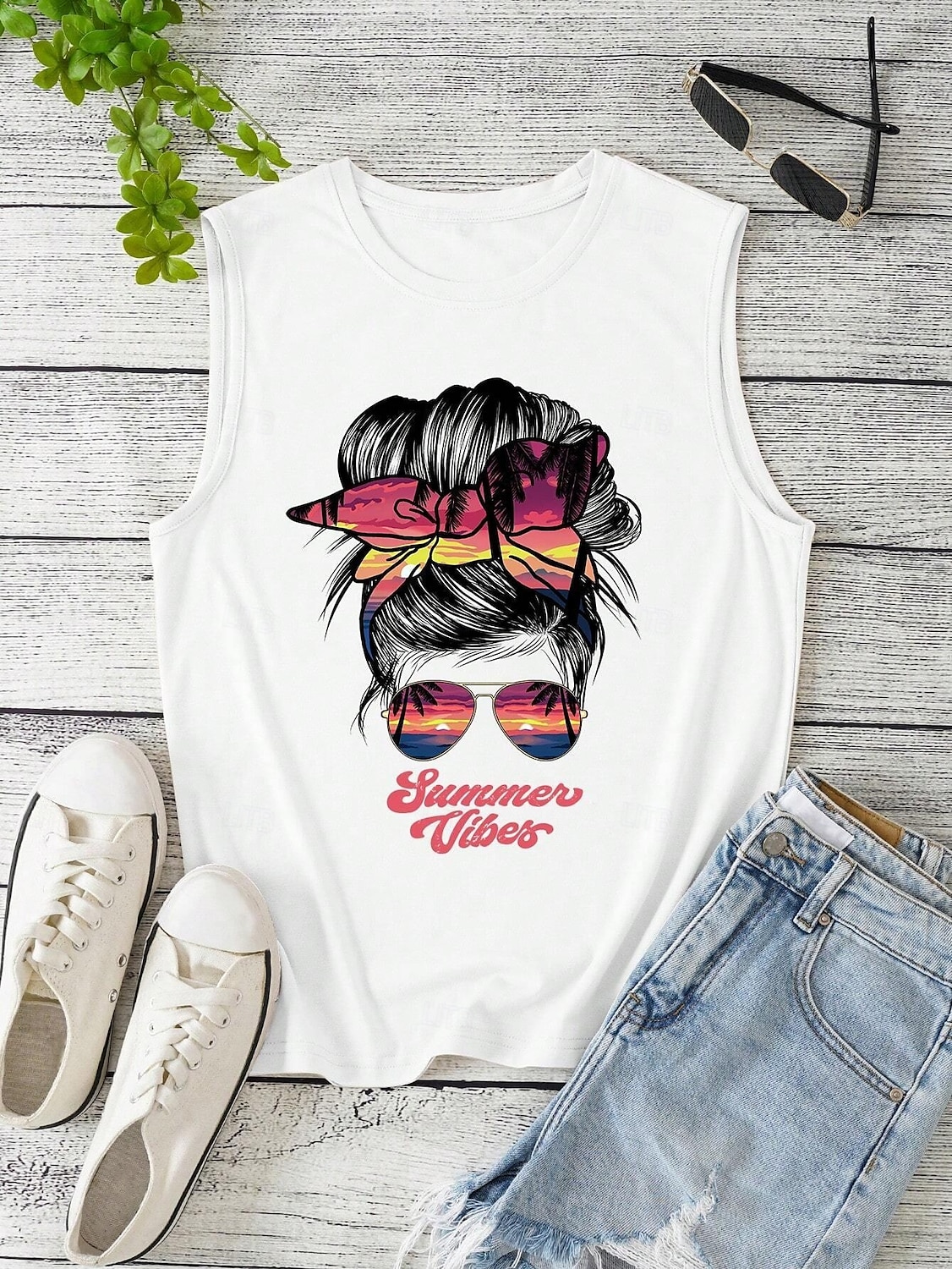 Top de femei cu bretele fără mâneci casual guler rotund stilat print grafic alb vară 2025 - $17.99 –P3