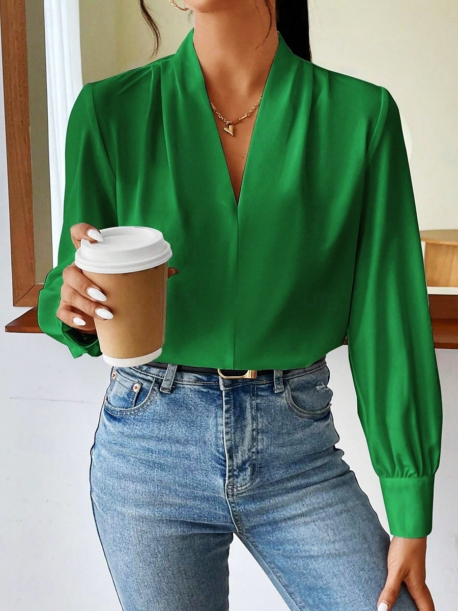Dame Skjorte Bluse Helfarge Stilfull Fritid Langermet V-hals Vanlige topper Daglig Knapper Lomme Svart Hvit Gul Blå Grønn Sommer Vår 2025 - $31.99 –P16