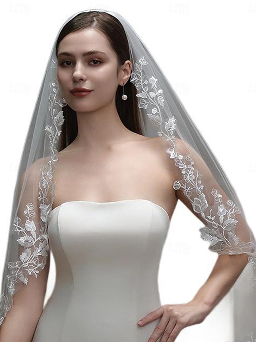 Uma Camada Contemprâneo / à moda Véus de Noiva Véu Catedral com Bordado Tule de 2025 por $27.99 –P5