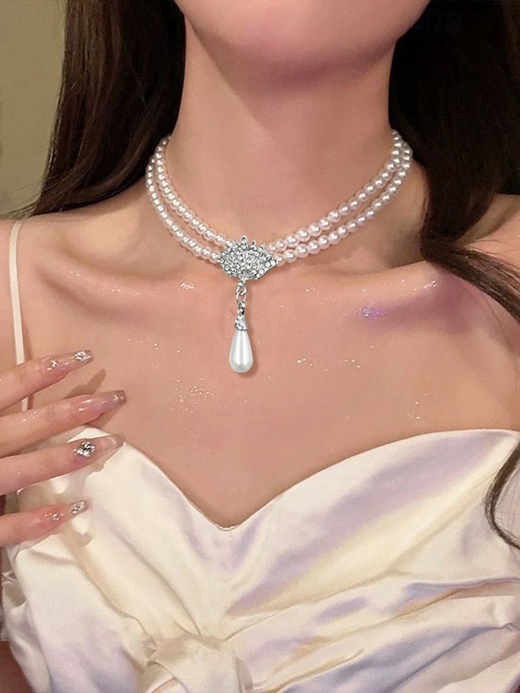 Elegante conjunto de joyas nupciales de perlas: collar de doble capa y aretes colgantes con detalles de diamantes de imitación, accesorios de boda vintage para mujeres, joyas formales para fiestas y veladas 2025 - $11.99 –P3
