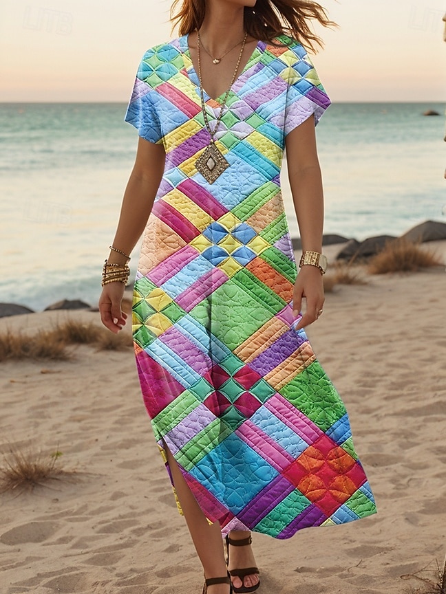 Pentru femei Rochie Maxi Rochie casual Rochie A line Stilat Casual Vacanță Zilnic Fit regulat Geometric Manșon scurt În V Albastru piscină Primăvară Toamnă 2025 - $28.99 –P1