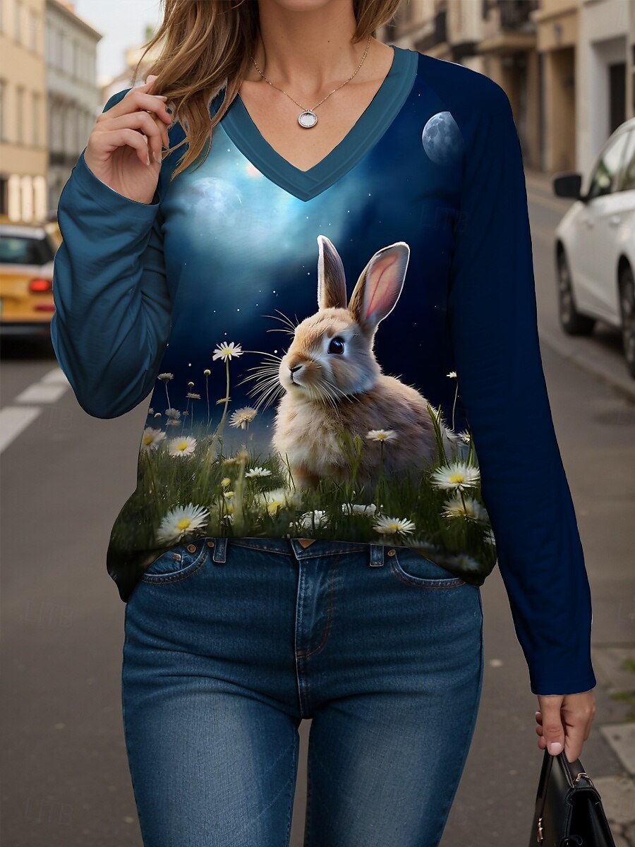 Easter Women's Blouse Ombre Graphic Animal Modern Casual Long Sleeve V Neck Regular Tops Daily Print Blue Summer Spring 2025 - $22.99 –P1
