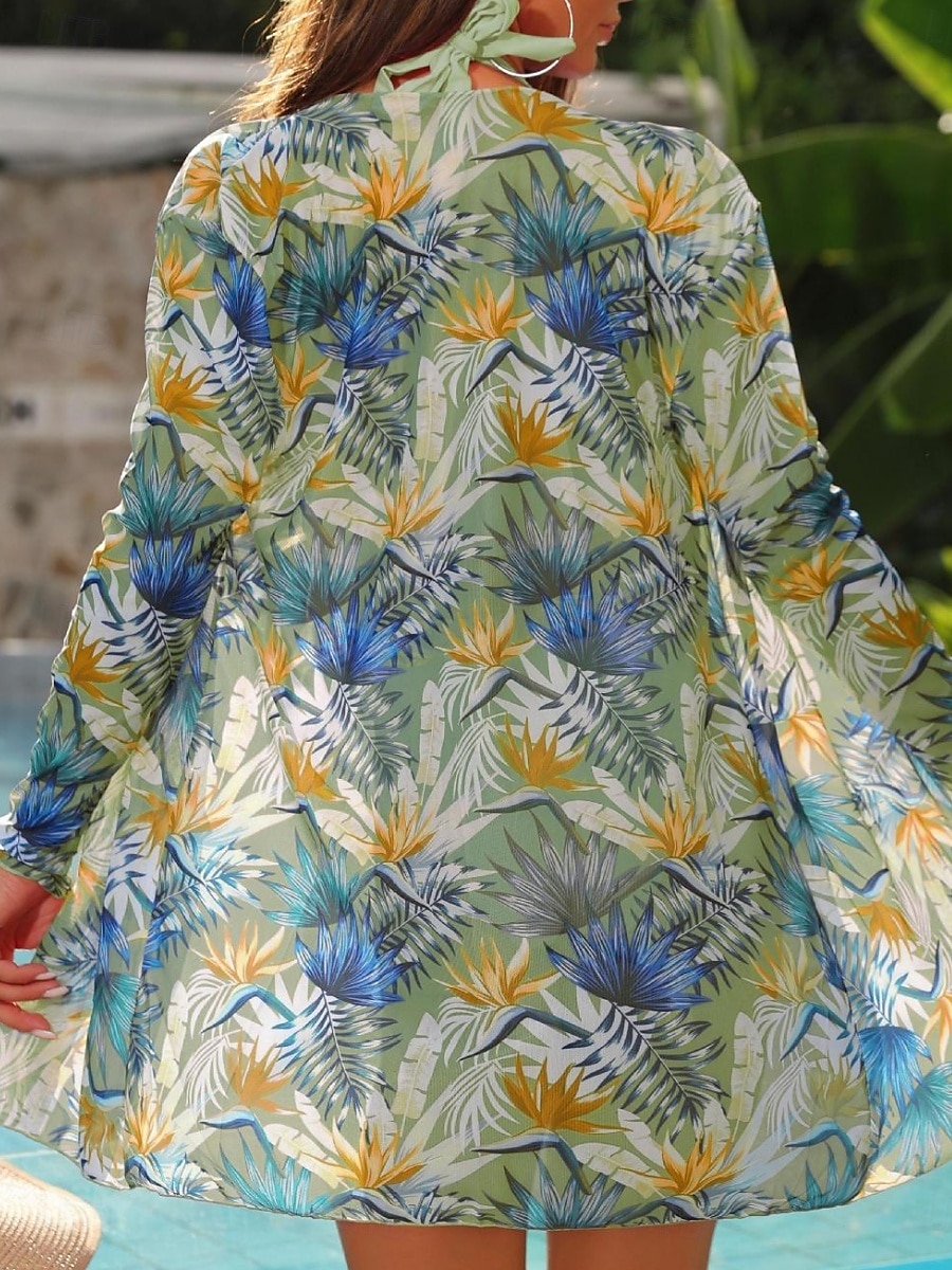 Dam Badkläder Bikini Tre delar Kalsonger Baddräkt Öppen rygg Smal Hög midja Semester Standkläder Blommig Halterneck Långärmad Baddräkter 2025 - $33.99 –P11