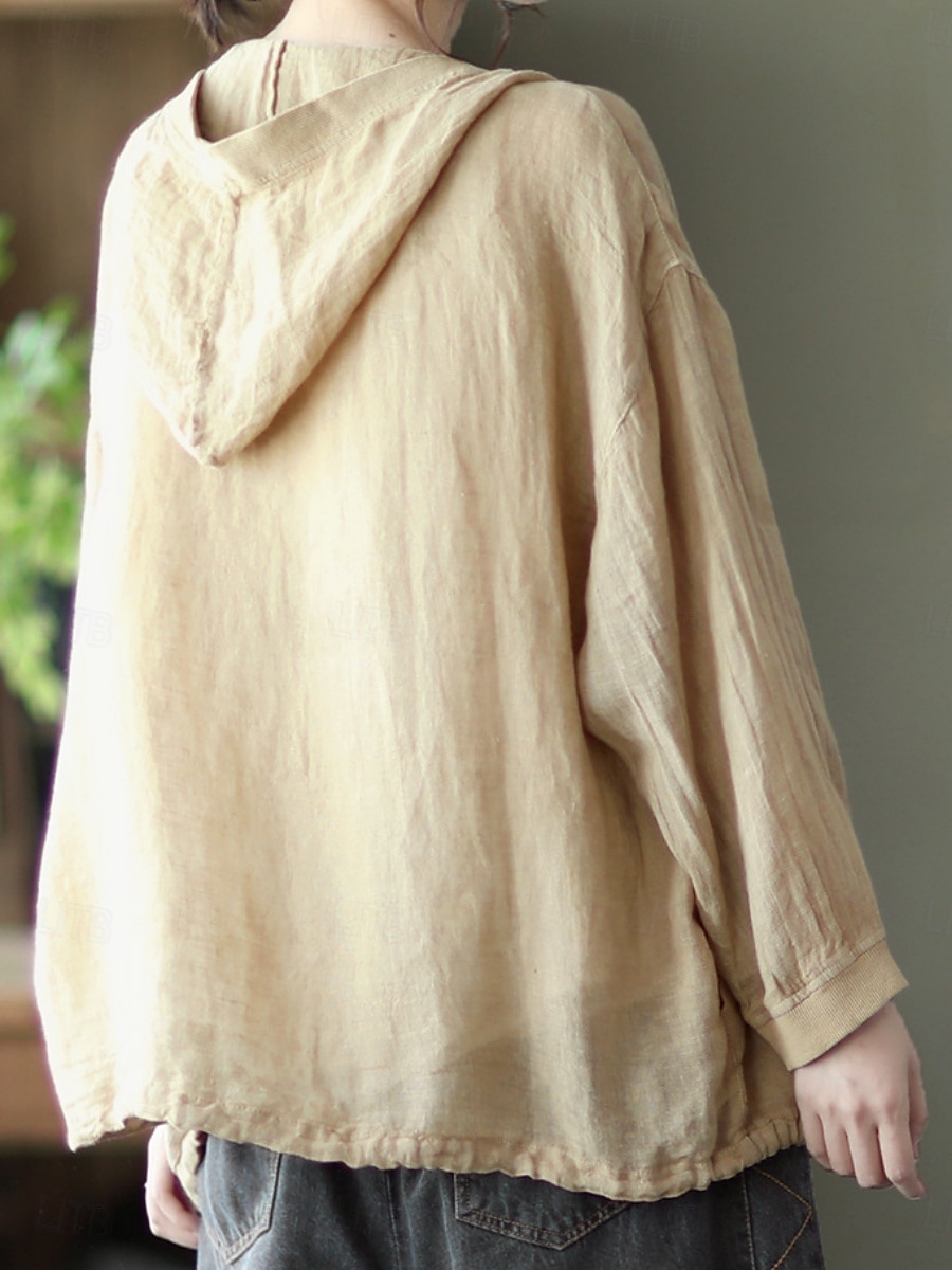 Women's Shirt Cotton Linen Shirts Button Up Blouse Solid Color Basic Casual Long Sleeve Hooded Regular Tops Daily Buttons White Red Blue Beige Summer 2025 - $25.99 –P13