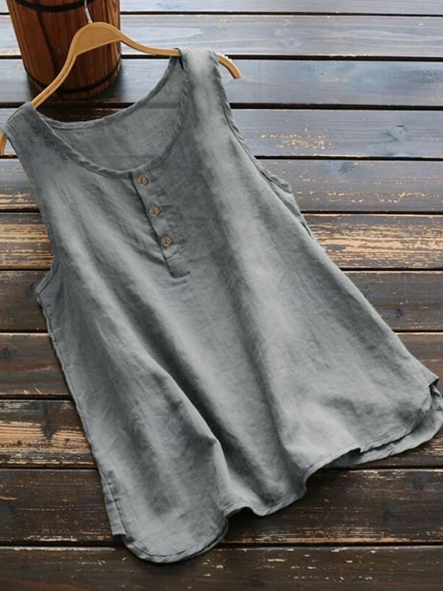 Dame Skjorte Lin-inspirerte skjorter Bluse Helfarge Grunnleggende Fritid Ermeløs Crew-hals Vanlige topper Daglig Knapper Svart Hvit Rosa Blå Grå Sommer 2025 - $22.99 –P6