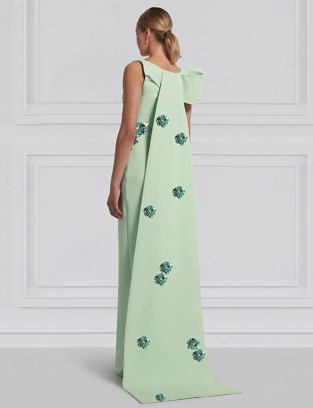 Robe de soirée colonne florale verte bleue robe élégante formelle brodée invité de mariage longueur sol sans manches col rond capes crêpe extensible avec paillettes 2025 de 2025 ? $177.99 –P2