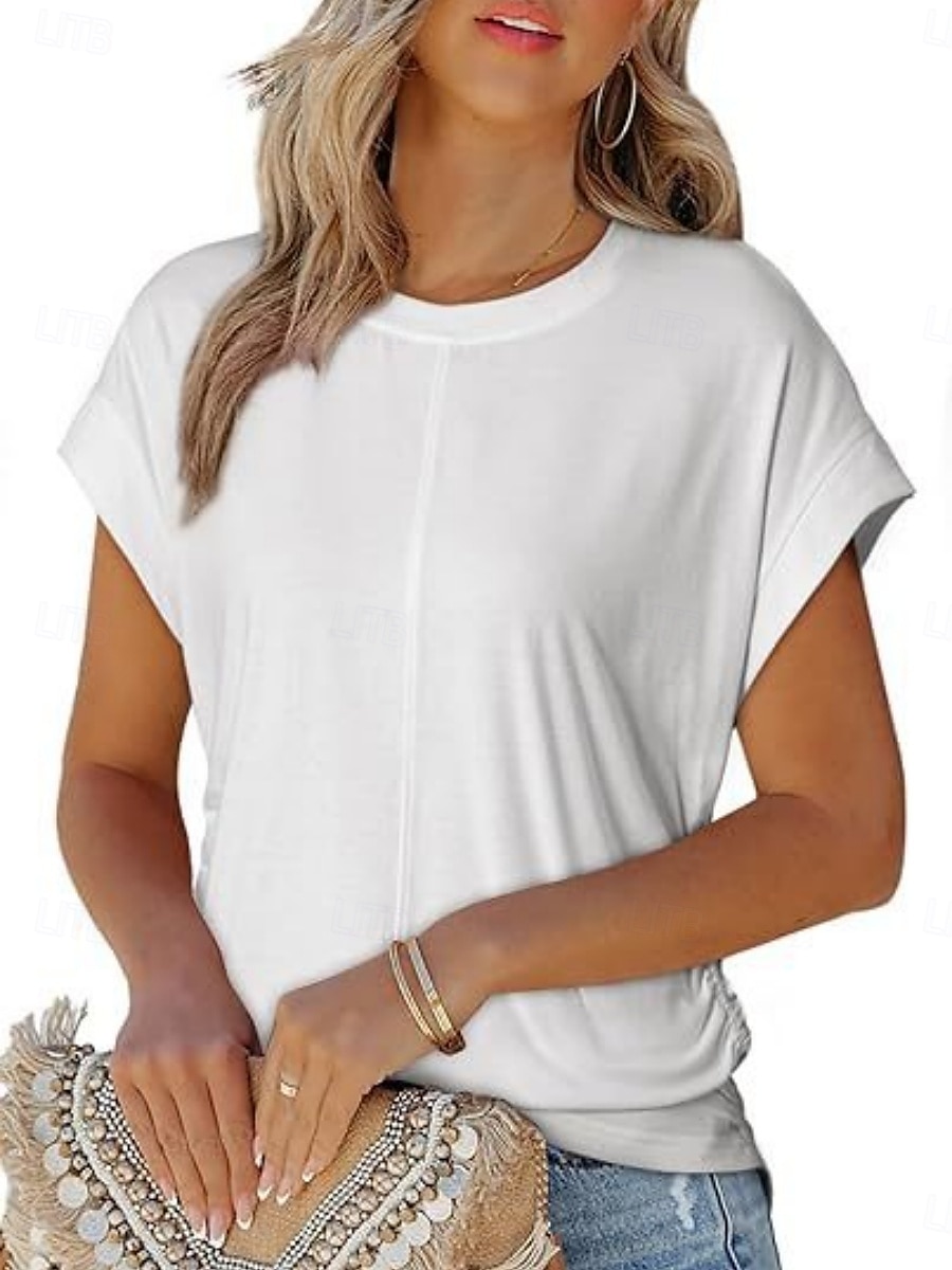 T Shirt Femme Uni Élégant Décontracté Manches Courtes Col Ronde Tops Réguliers Quotidien Noir Blanc Vert Armée Vert Gris Été de 2025 ? $19.99 –P1