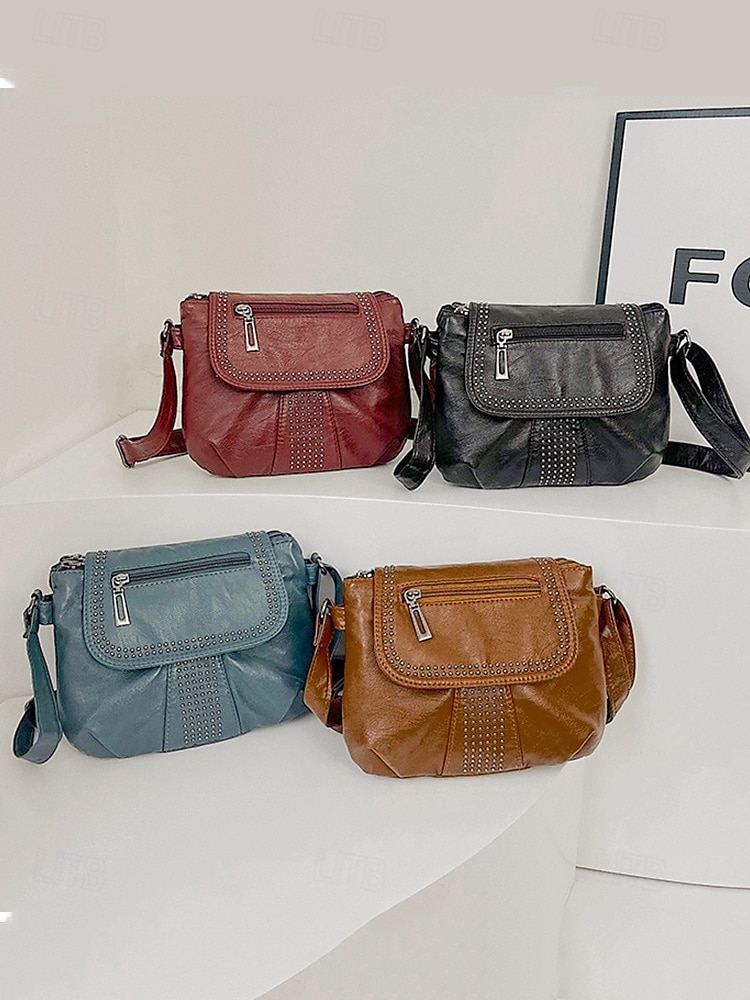 brun crossbody-väska i konstläder med dubbdetaljer – avslappnad, trendig handväska för vardagsbruk, shopping och utflykter svart röd blå 2025 - $19.99 –P8