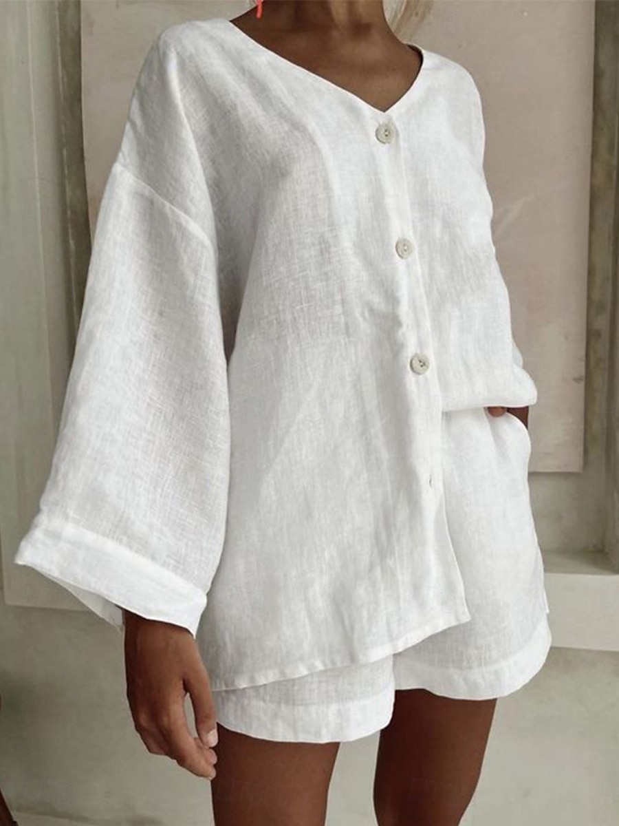 Women's Fashion Streetwear Daily Shirt Linen-Inspired Sets Two Piece Sets Baggy Shorts Long Sleeve V Neck Plain Casual Daily Black White Blue Summer Regular Fit 2025 - $30.99 –P1