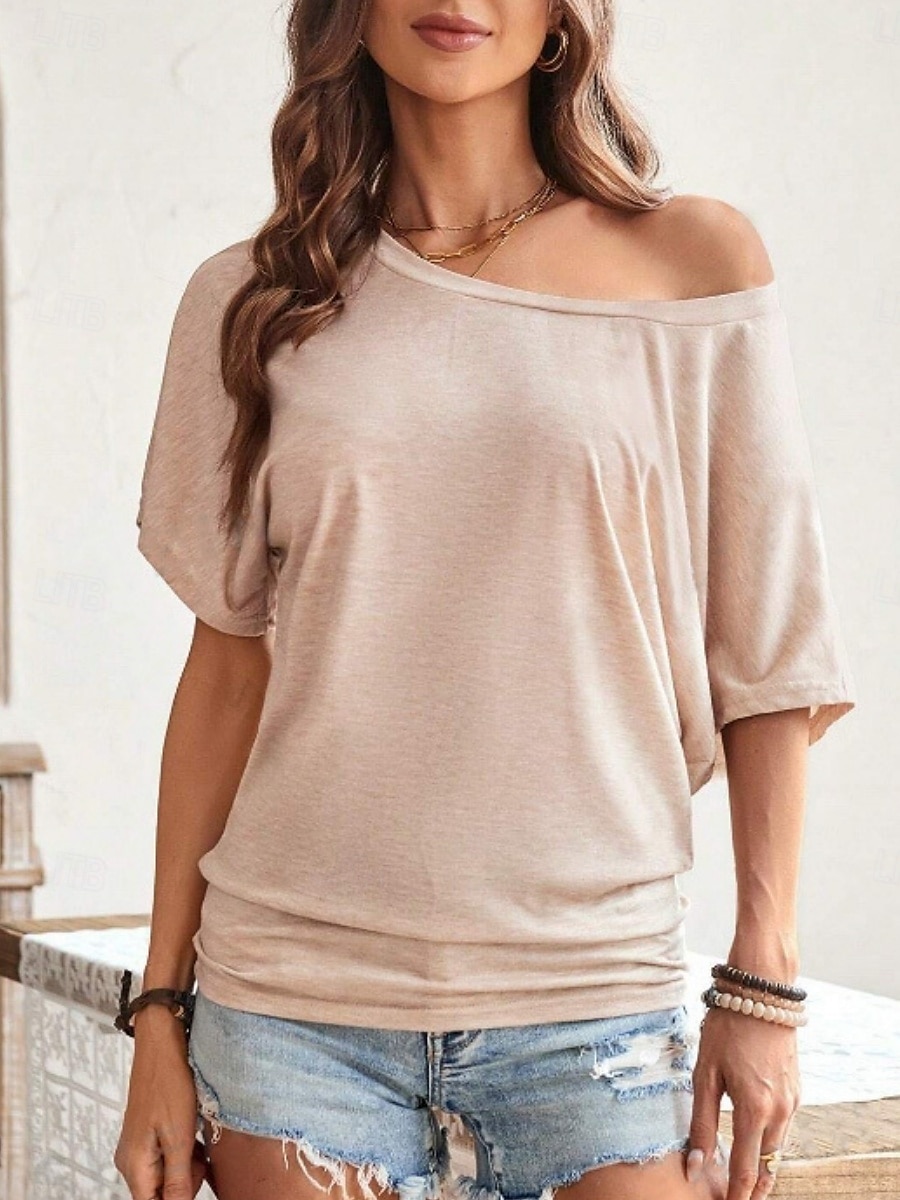 T- shirt pour femmes Couleur Unie Basique Décontractée Manches 3/4 Col Ronde Hauts Quotidiens Noir Rouge Abricot Gris Été Printemps de 2025 ? $17.99 –P15