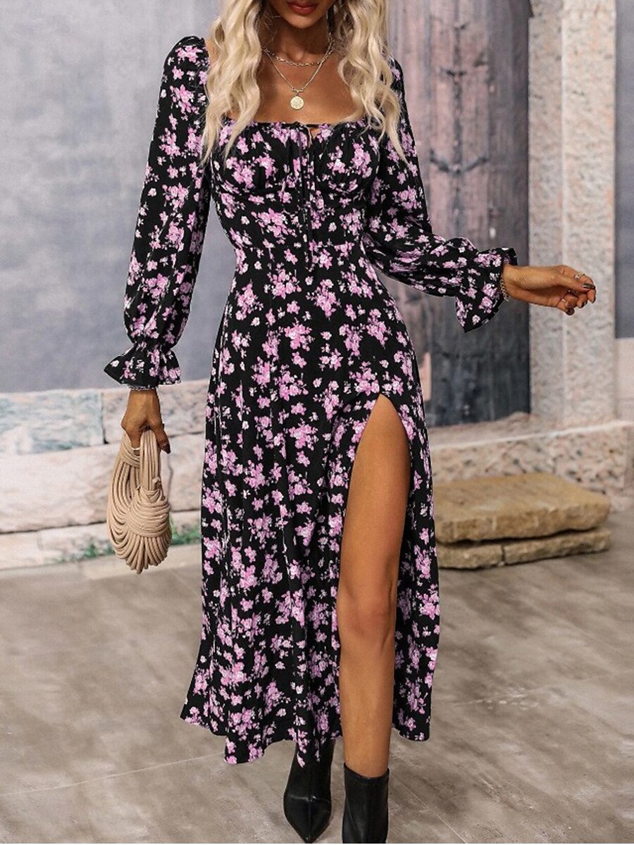Women's Midi Dress Corset Dress A Line Dress Milkmaid Dress Puff Sleeve Dress Vacation Vacation Daily Regular Fit Floral Long Sleeve Square Neck White Blue Purple Gold Summer 2025 - $34.99 –P4