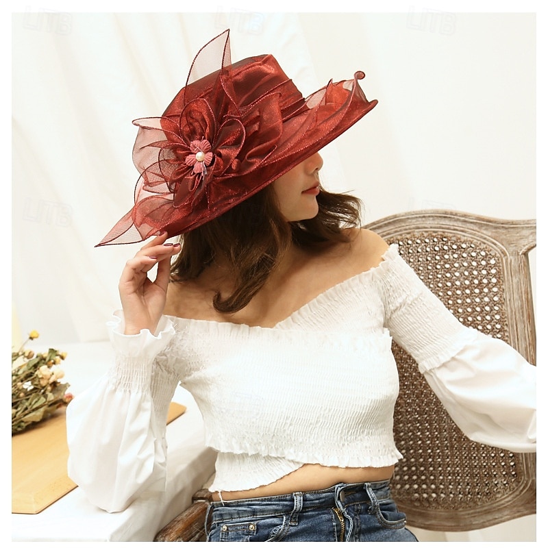cappello da donna in organza, berretto da chiesa, cappelli da cocktail, da tè, da sposa, con fiori, a tesa larga del 2025 a $16.99 –P10