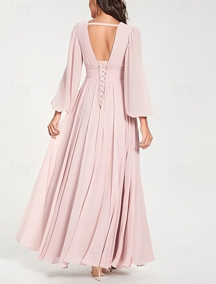 Linha A Vestido de Madrinha Decote V Manga Longa Elegante Longo Chiffon com Fenda Frontal / Franzido 2022 de 2025 por $157.99 –P2