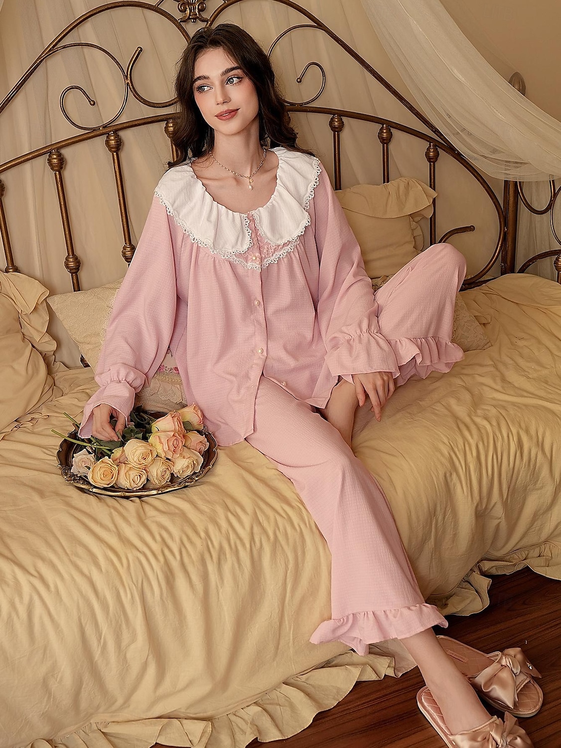 Women's Pajamas Loungewear Pajama Set Simple Comfort Sweet Pure Color Lace Ruffle Buttons Cardigan Pant Home Gift Daily Long Sleeve Lapel Pink Summer Spring Fall Winter Loose Fit 2025 - $25.99 –P4