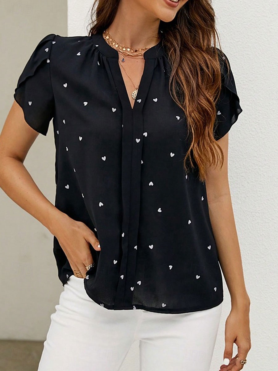 Γυναικεία Πουκάμισο Μπλούζα Στάμπα Καρδιά Κομψό Καθημερινά Στυλάτο Κοντομάνικο Λαιμόκοψη V Κανονικά μπλουζάκια Καθημερινά Δουλειά Αργίες Μαύρο Ανθισμένο Ροζ Μπεζ Μπλε Απαλό Καλοκαίρι Άνοιξη 2026 - $29.99 –P5