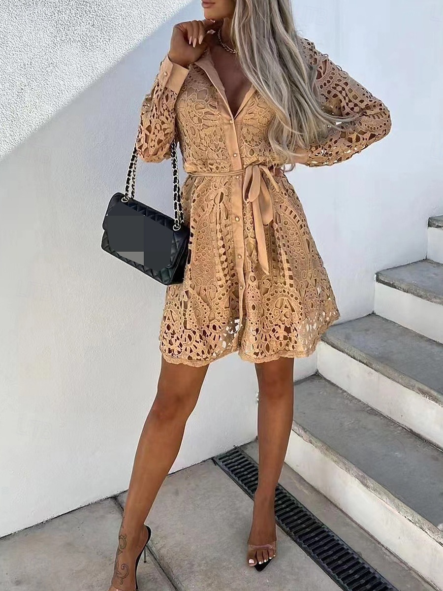 Women's Mini Dress Lace Dress A Line Dress Boho Dress Basic Casual Vacation Daily Regular Fit Plain Long Sleeve Square Neck Black White Khaki Summer 2025 - $47.99 –P3