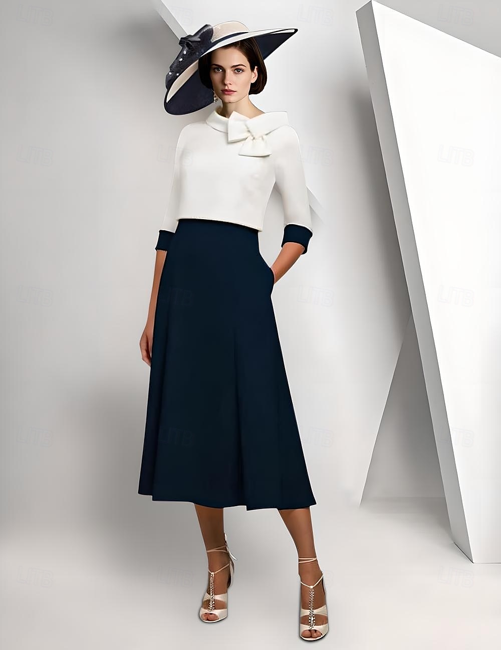 Conjunto de Vestido Mãe da Noiva Elegante Vintage Simples Decote Redondo Comprimento do Chá Tecido Elástico Manga 3/4 com Vestido Sem Mangas Decote Redondo Laço(s) Bloco de Cor Vestido Dia da Corrida de 2025 por $161.99 –P1