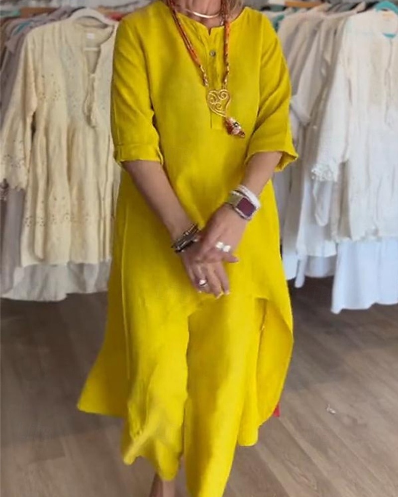 Damen Leinen-inspirierte Kleider Mode Streetwear Alltagskleidung Date Normale Passform Einfarbig Langarm Rundhalsausschnitt Gelb Grün Hellgrau Frühling Herbst 2025 - $32.99 –P1