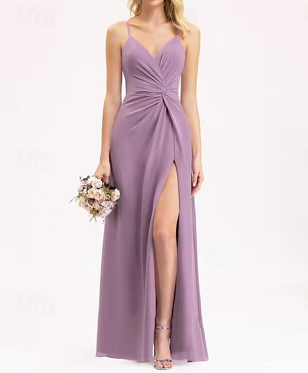 Vestido de Dama de Honra A-Line V Decote  Alças de Espaguete Sem Mangas Elegante Comprimento Longo Chiffon  Spandex  Shantung com Draping  Ruching  Bandagem de 2025 por $162.99 –P4