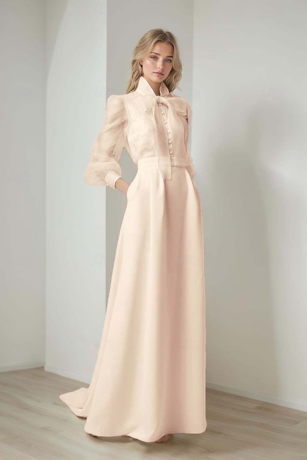 Robe de soirée sirène  trompette élégante formelle mariage traîne de cour manches longues col chemise ceinture  sangle organza avec nœud(s) de 2025 ? $197.99 –P4