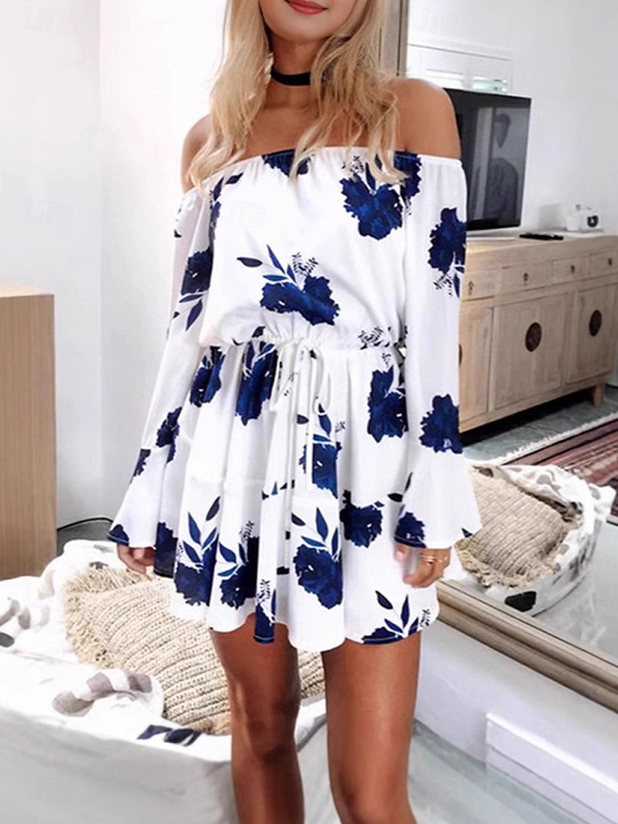 Dam Mini klänning Vardagsklänning Boho bröllopsgästklänning bohemliv Stylish Sexig Lös passning Blommig Långärmad Över axeln Svart Blå Sommar Vår Höst 2025 - $22.99 –P3
