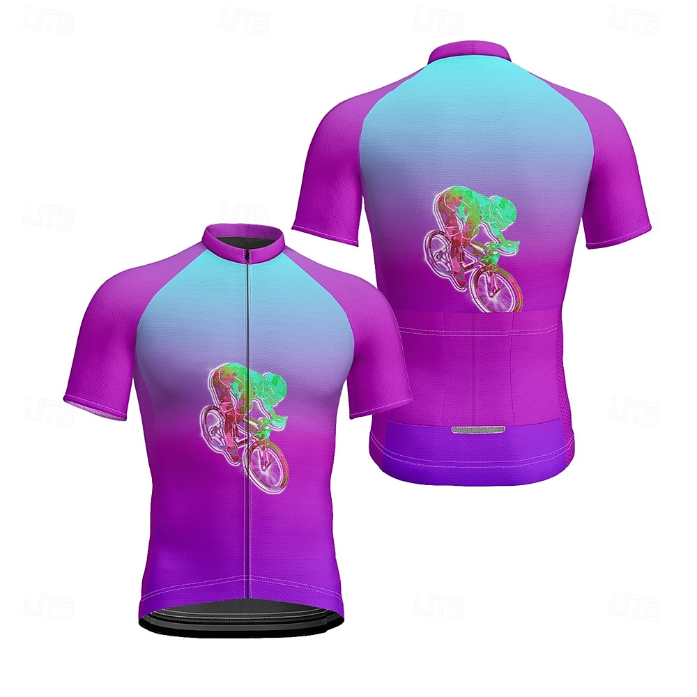 Homme Maillot Velo Cyclisme Manche Courte Cyclisme Tee-shirt Maillot avec 3 poches arrière VTT Vélo tout terrain Respirable Séchage rapide Conception anatomique Mèche Bleu Violet Vert Dégradé Des de 2025 ? $20.79 –P11