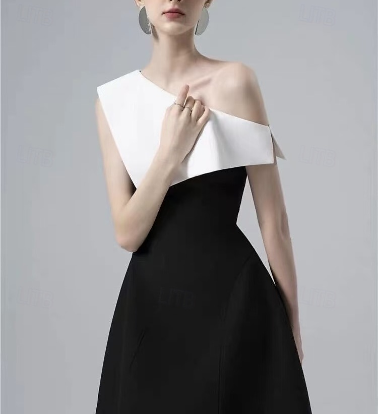 Robe de cocktail A-Line robe élégante retour à la maison cocktail party longueur thé sans manches une épaule poche mélange coton dos nu avec volants poche robes de 2025 ? $164.99 –P3