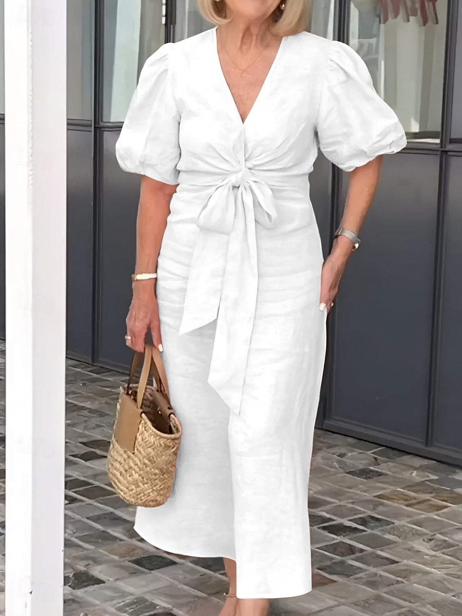 Women's Maxi Dress A Line Dress Solid Color Summer Dress Puff Sleeve Dress Basic Casual Puff Sleeve Vacation Daily Regular Fit Graphic Short Sleeve V Neck Black White Yellow Pink Summer 2025 - $26.99 –P8