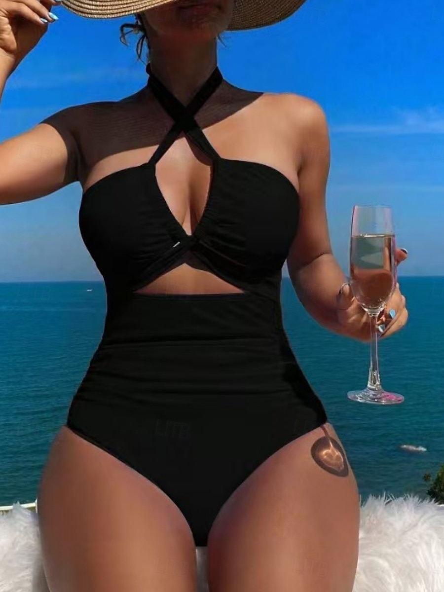 Kvinnors baddräkter en del monokini baddräkter rygglös mage kontroll hög midja smal semester strandkläder enfärgad halterneck ärmlös baddräkt 2025 - $19.99 –P5