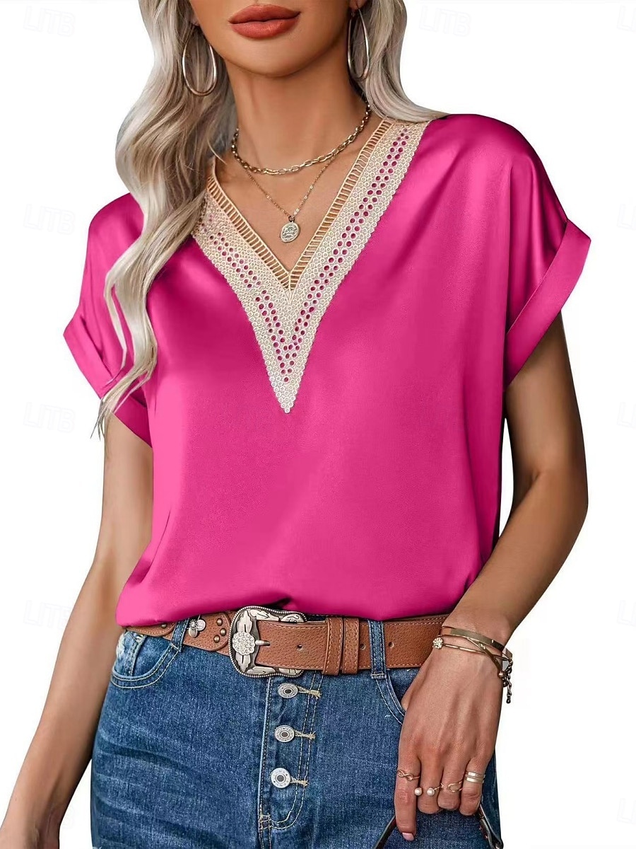 Débardeur en camisole pour femmes couleur unie élégant décontracté à manches courtes col en V tops réguliers impression quotidienne dentelle patchwork noir blanc rose vin vert été de 2025 ? $17.99 –P8