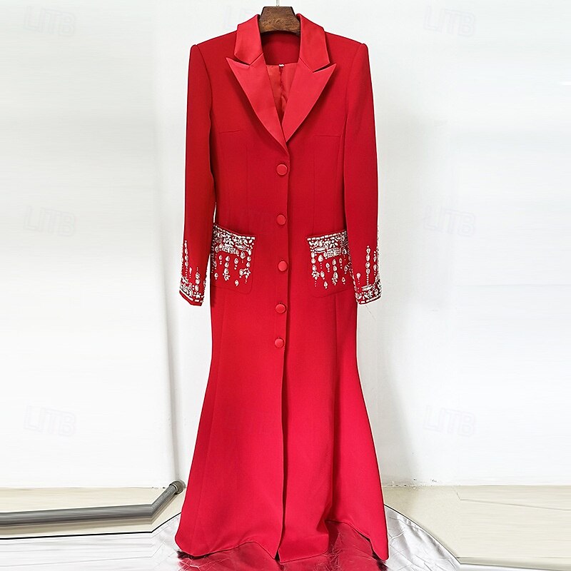 Blazer Dress A-Line Mother of the Bride Dress Tuxedo Dress Elegant High Split Shirt Collar Floor Length Stretch Fabric Long Sleeve with Crystals 2025 - $199.99 –P8