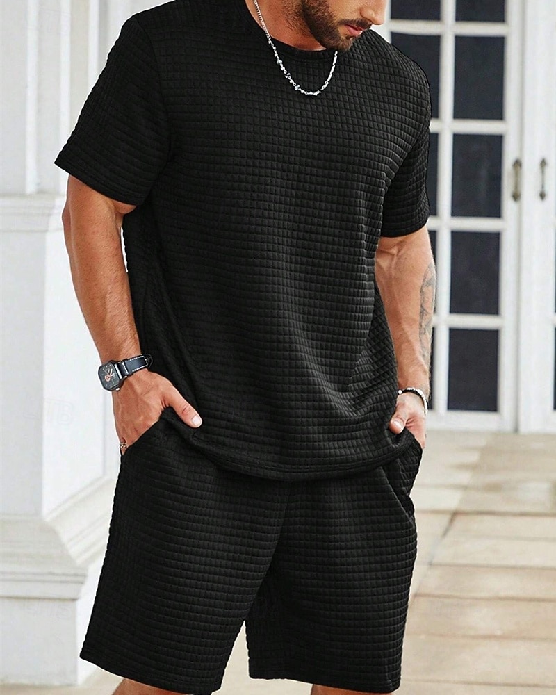 Hombre Waffle Tracksuit Camiseta y pantalones cortos Conjunto Conjunto de atuendo Cuello Barco Exterior Diario Deportes Bolsillo Correa 2 Piezas Plano Negro Blanco Caqui Poliéster Ropa de Deporte 2026 - $37.99 –P5