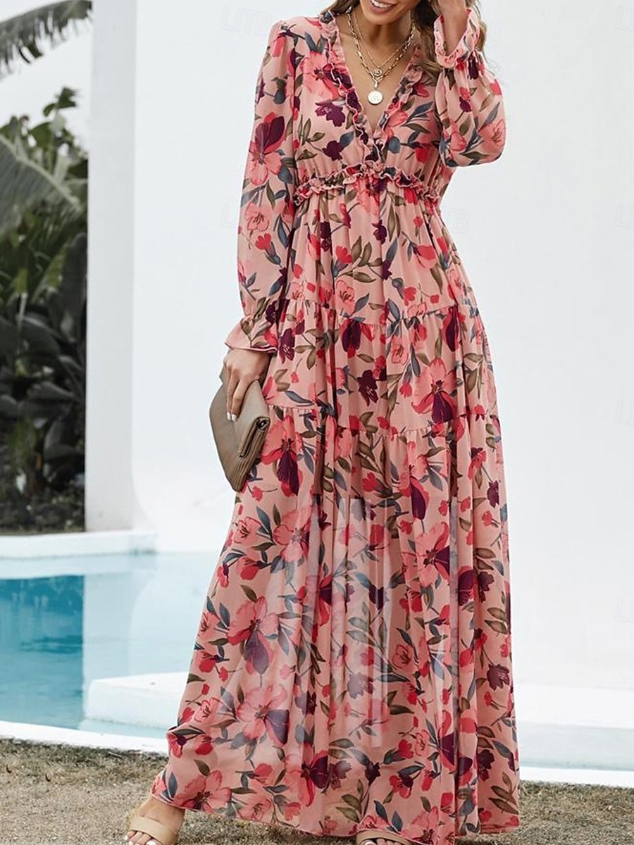 Kleid Brautmutterkleid Elegantes Lässiges V-Ausschnitt bodenlang Polyester Langarm mit Knöpfen Hochzeitsgastkleid 2025 2025 - $89.99 –P5