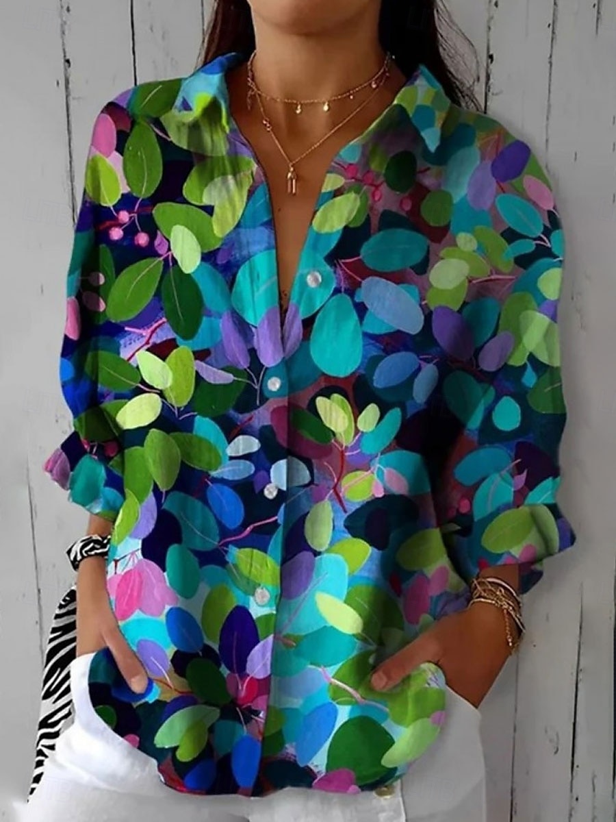 Damen Hemd Blumen Lässig Langarm Hemdkragen Normale Oberteile Arbeit Täglich Knöpfe Druck Grün Frühling Herbst Winter 2025 - $32.99 –P1
