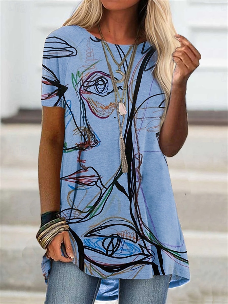 Femme T shirt Graphic Mode Moderne Décontractées Manche Courte Col Ras du Cou Hauts réguliers du quotidien Fin de semaine Imprimer Bleu Violet Vert Kaki Eté Printemps de 2025 ? $21.99 –P1