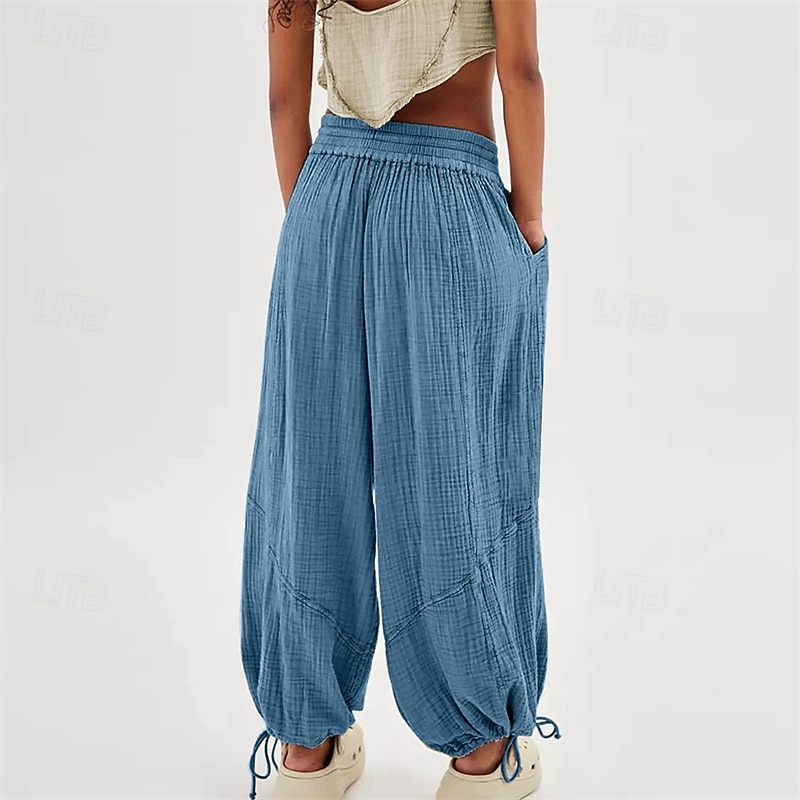 pantaloni din bumbac și pânză pentru femei, îmbrăcăminte stradală la modă, confort, lungime, talie înaltă, șnur simplu, talie elastică, șnur confortabil în aer liber, ținută confortabilă de zi cu zi 2025 - $18.99 –P13