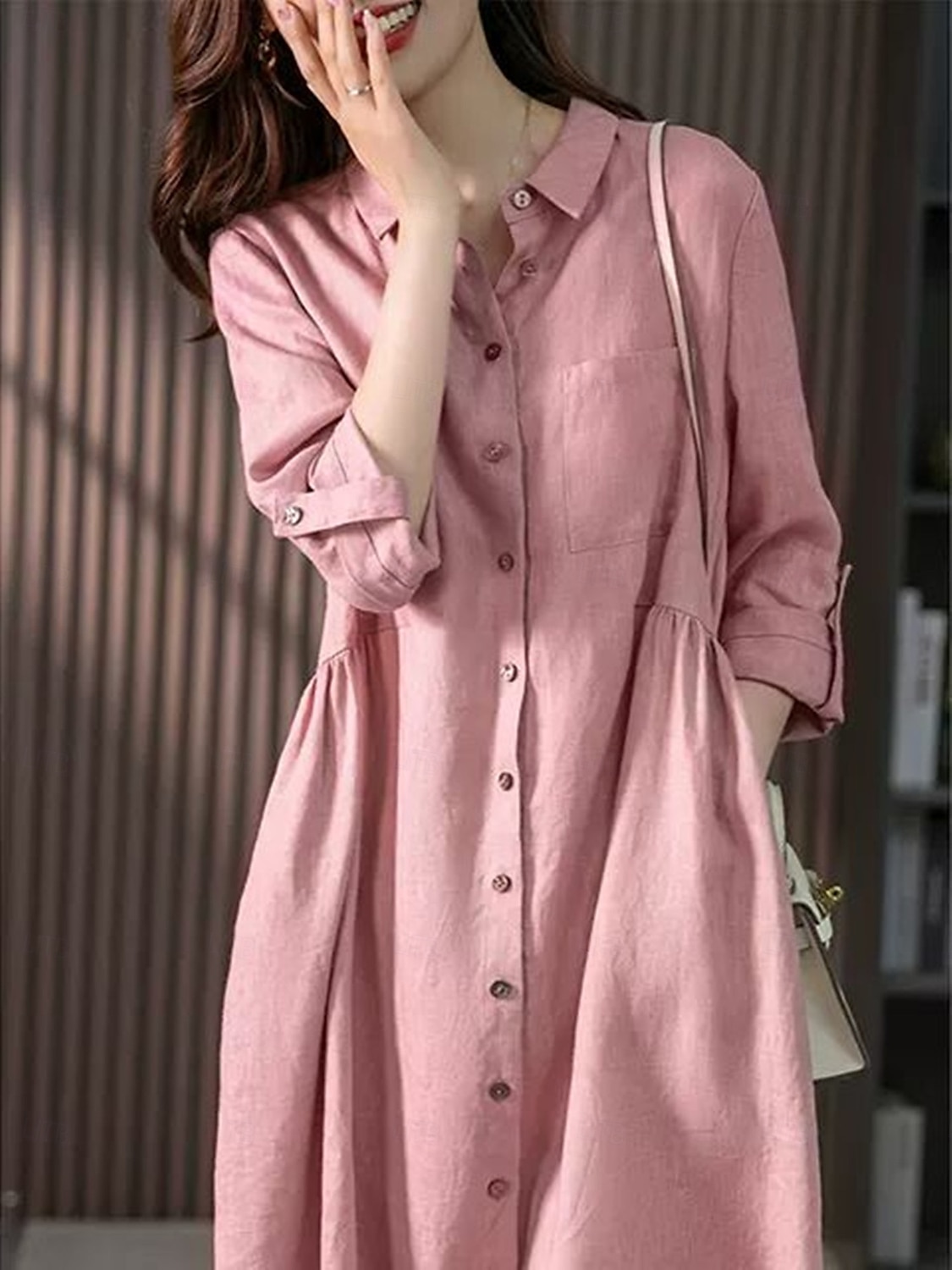 Per donna Vestito longuette Abito casual Abito in cotone e lino Abito linea A Essenziale Informale Da mare Giornaliero Standard Liscio Manica a 3/4 Colletto Rosa Verde Estate Primavera Autunno del 2025 a $35.99 –P1