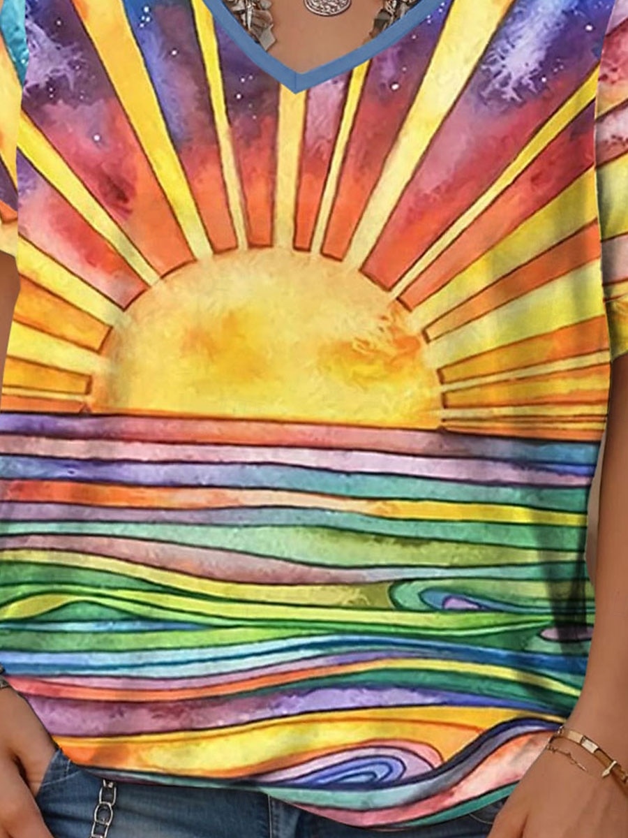 Femme T shirt A Ombre Décontractées Manche Courte Col V Hauts réguliers du quotidien Imprimer Jaune Eté de 2025 ? $19.99 –P3