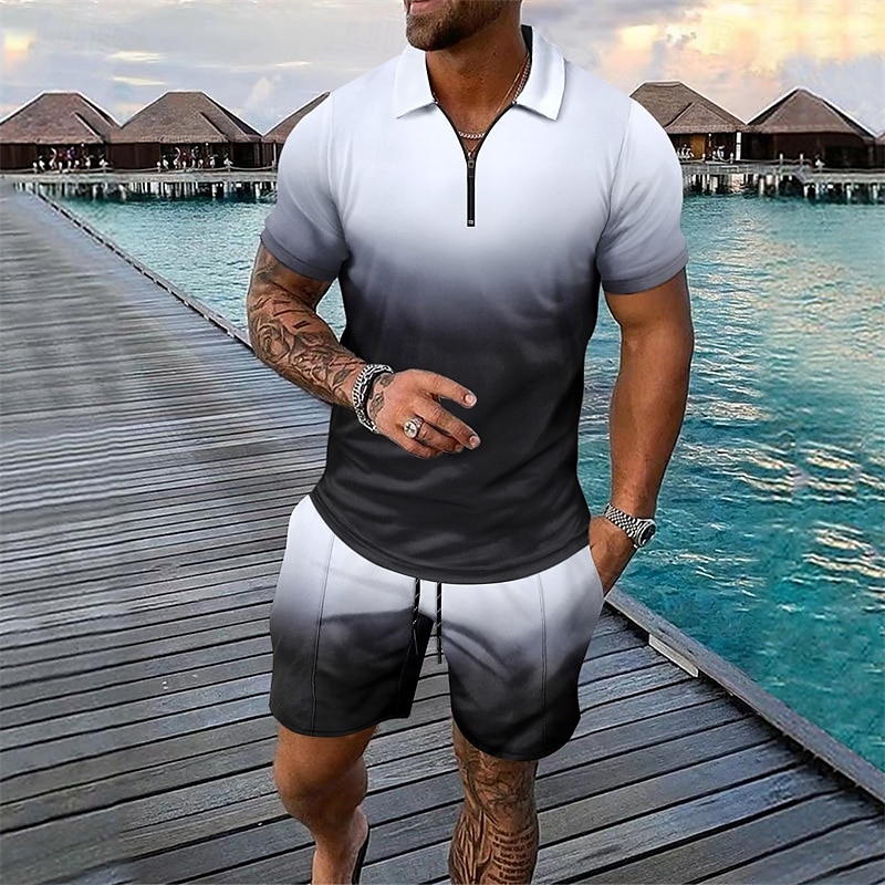 Voor heren T-shirt past 2 stuks outfits T-shirt en korte broek Korte mouw Revers Zomer Kleurenblok Modieus Casual 2-stuks Kwart ritssluiting Vakantie Alledaagse kleding Uitgaan Zwart Bruin Top 2025 - $34.99 –P4