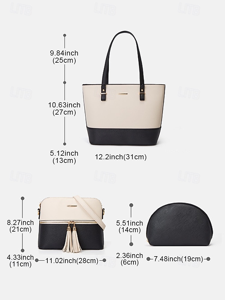 Elegant women's stylish two-tone patchwork handbag set with tassel decoration - handbag, crossbody bag and small bag - perfect for daily leisure, commuting to work 2025 - $46.99 –P3