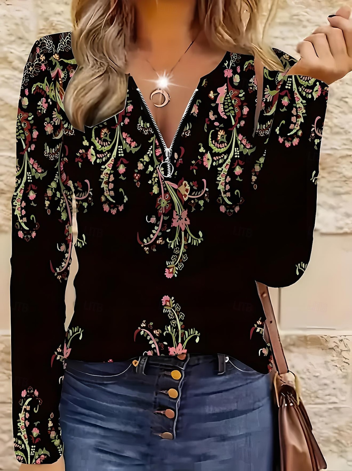 Women's T Shirt Graphic Tribal Vintage Bohemia Tropical Hawaiian Long Sleeve V Neck Regular Tops Daily Going out Weekend Zipper Print Black Spring Fall 2025 - $27.99 –P1