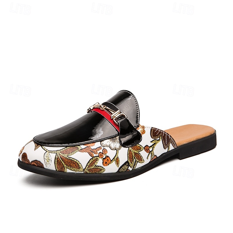 Men's Slip-On Mules with Glossy Black Patent Leather and Floral Print Design, Adjustable Strap, Perfect for Casual and Fashionable Occasions 2025 - $42.99 –P2