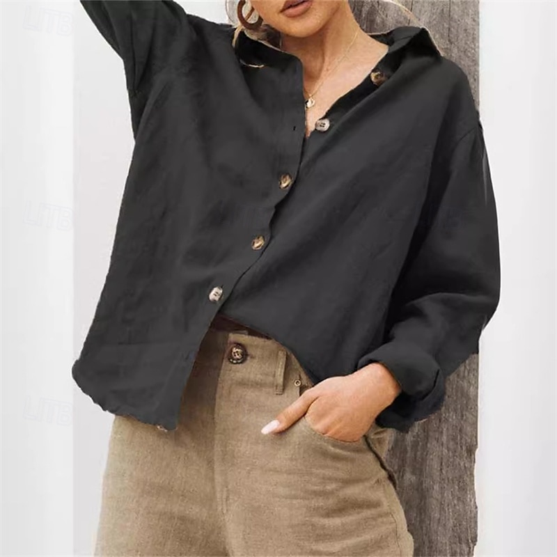 Dames Overhemd Katoenen linnen overhemden Linnen overhemd Knoop omhoog Effen Dagelijks Stijlvol Basic Lange mouw Overhemdkraag Normale tops Werk Dagelijks Feestdagen Knop Zwart Wit Khaki Lente Herfst 2025 - $25.99 –P3
