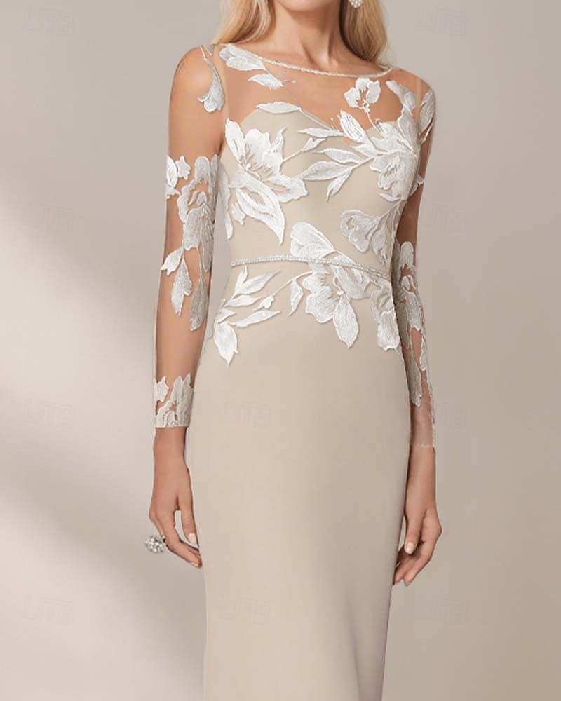 Mermaid / Trumpet Mother of the Bride Dress Elegant Simple Boat Neck Floral Embroidered Lace Floor Length Chiffon Long Sleeve with Crystal Belt 2025 2025 - $148.99 –P3