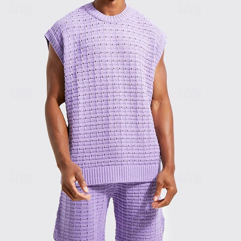 Homens Conjunto de shorts e camiseta Conjunto de T Sem Manga Crewneck Côr Sólida Roupa de Malha Tricotado Férias Roxo Bege Top Tee para Homens de 2025 por $40.99 –P6
