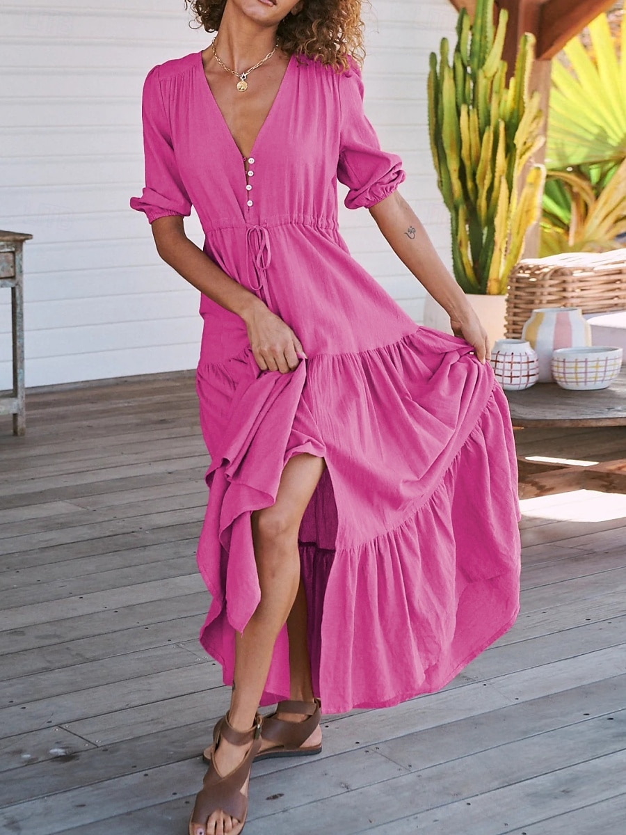 Women's Maxi Dress Casual Dress Swing Dress A Line Dress Casual Vacation Daily Regular Fit Plain Short Sleeve V Neck Black Navy Blue Fuchsia Green Summer 2025 - $31.99 –P4