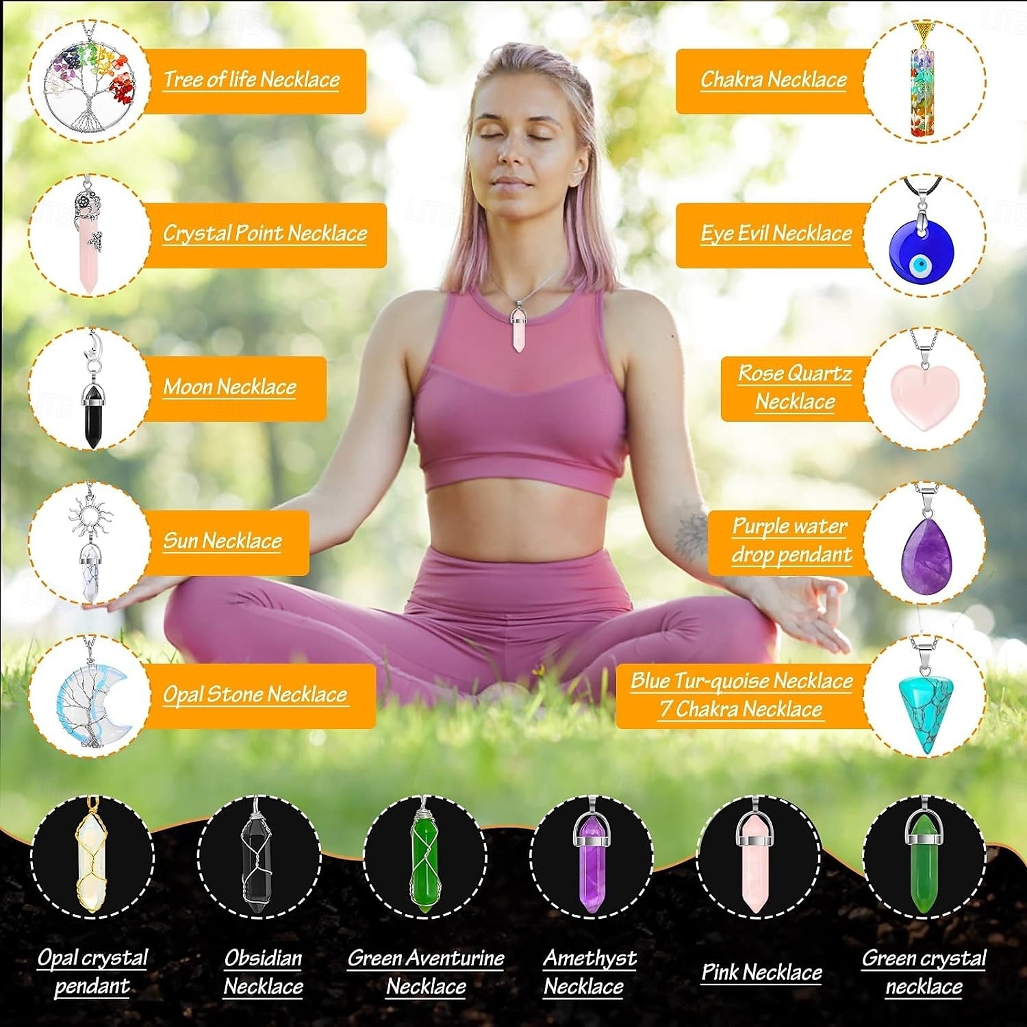 Colar com pingente de cristal de 16 peças, coluna hexagonal de ametista, fio trançado de mau olhado, colar com pingente de árvore da vida de 2025 por $33.99 –P8