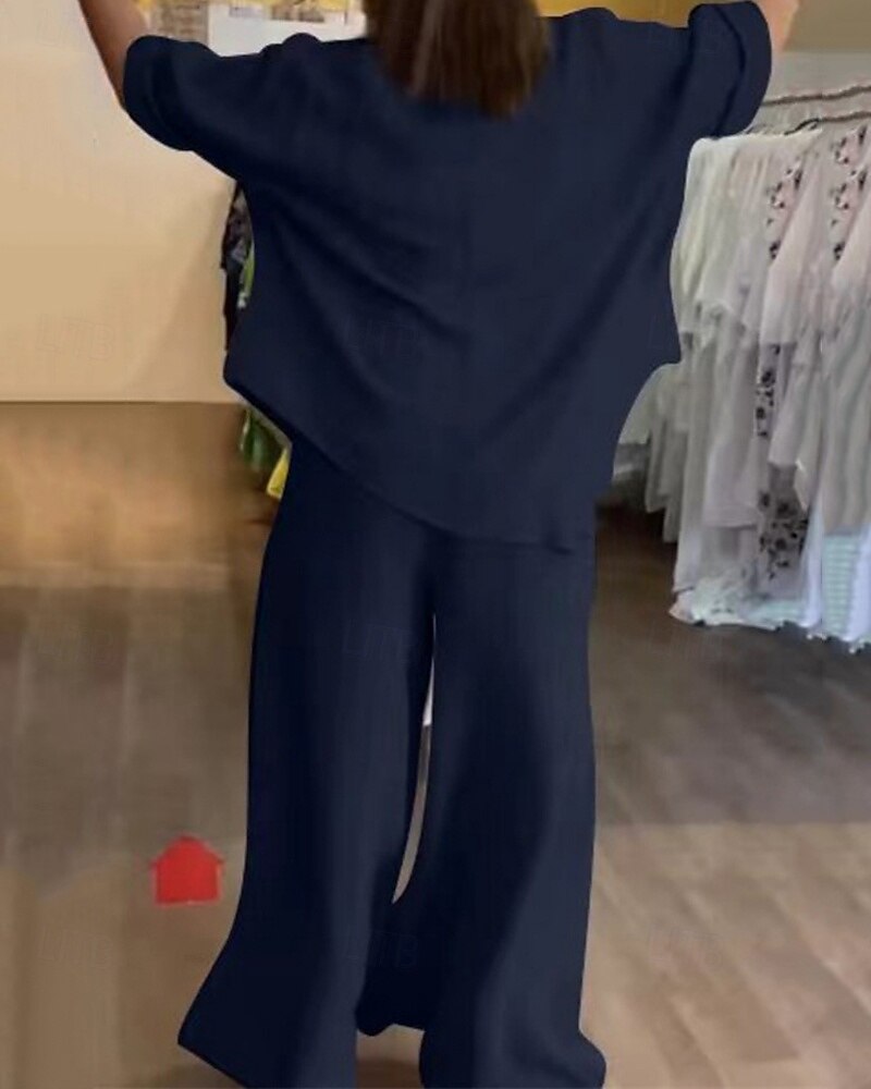 Per donna Moda Streetwear Camicia Set di biancheria in cotone Set da due pezzi Pantaloni di Lino Pantaloni Manica Lunga Scollo a V Tinta unica Ferie Abbigliamento quotidiano Nero Bianco Blu marino del 2025 a $41.99 –P6