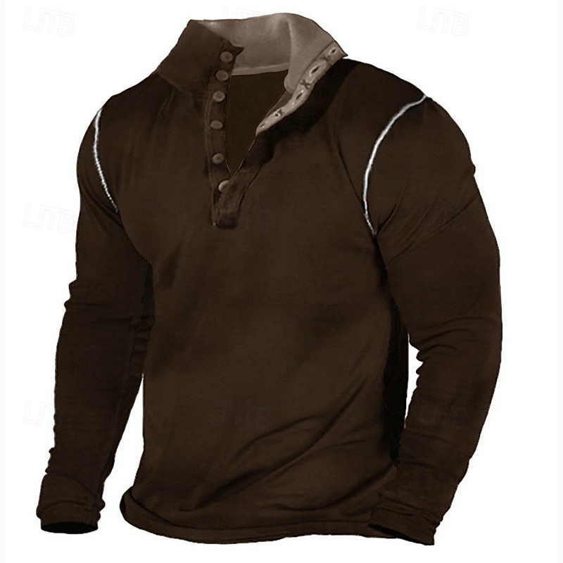 Herren T-Shirt mit Knöpfen T Shirt Henley Hemd T-Shirt Langarm Henley Frühling Herbst Einfach Mode Designer Basic Patchwork Urlaub Straße Ausgehen Dunkel Braun Schwarz Dunkelblau Top T-Shirt für 2025 - $23.99 –P3